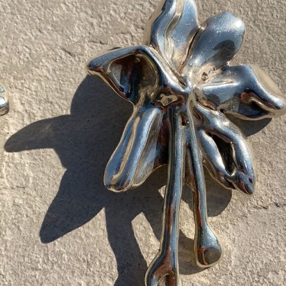 925 Vintage 925 Sterling Large statement clip abstract floral Chunky Earrings 3" - Picture 12 of 15